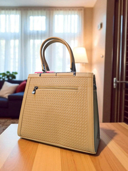 Elegant Mustard Handbag with Textured Finish & Twin Top Handles