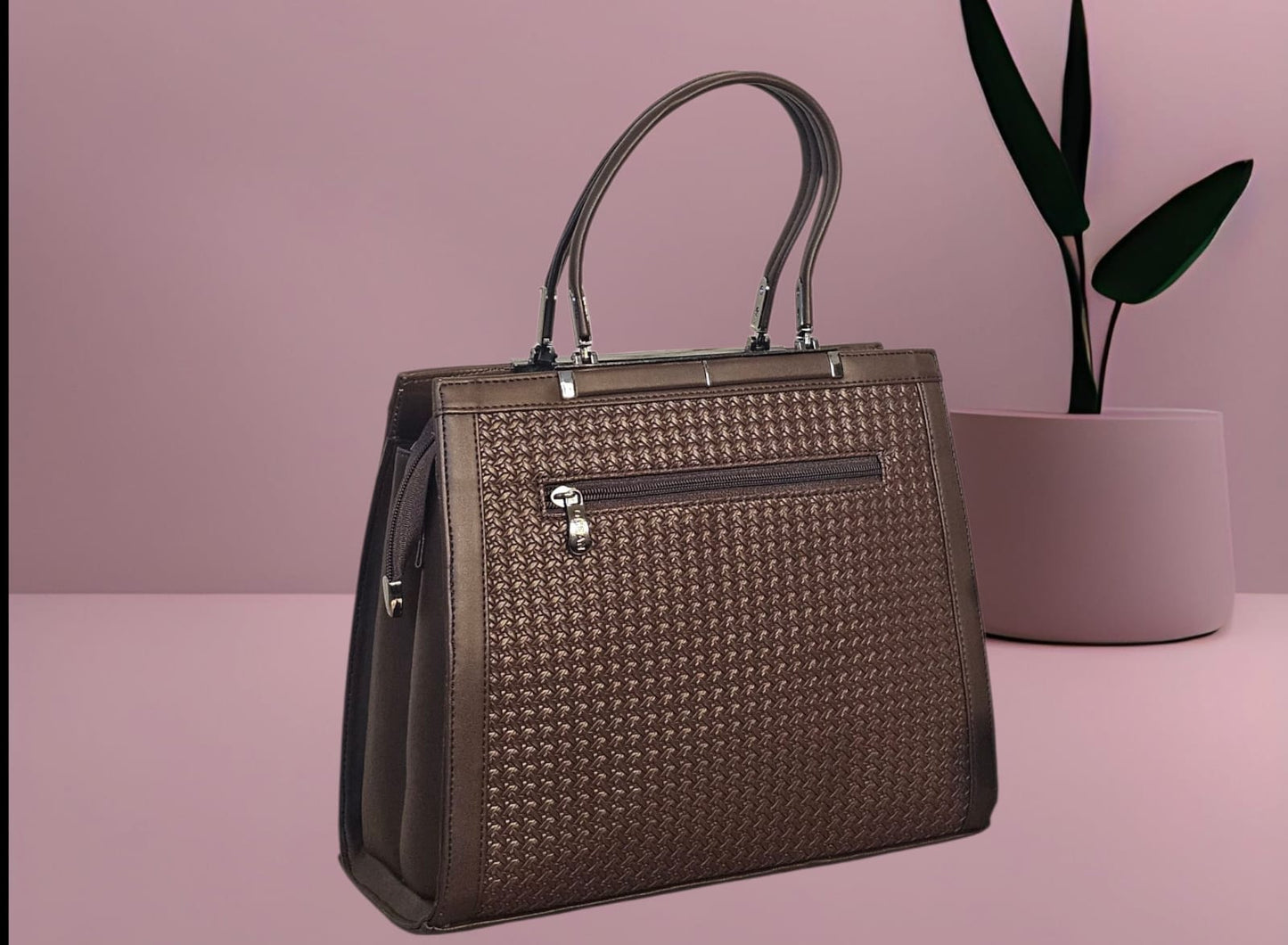 Elegant Chocolate Brown Handbag with Textured Finish & Twin Top Handles