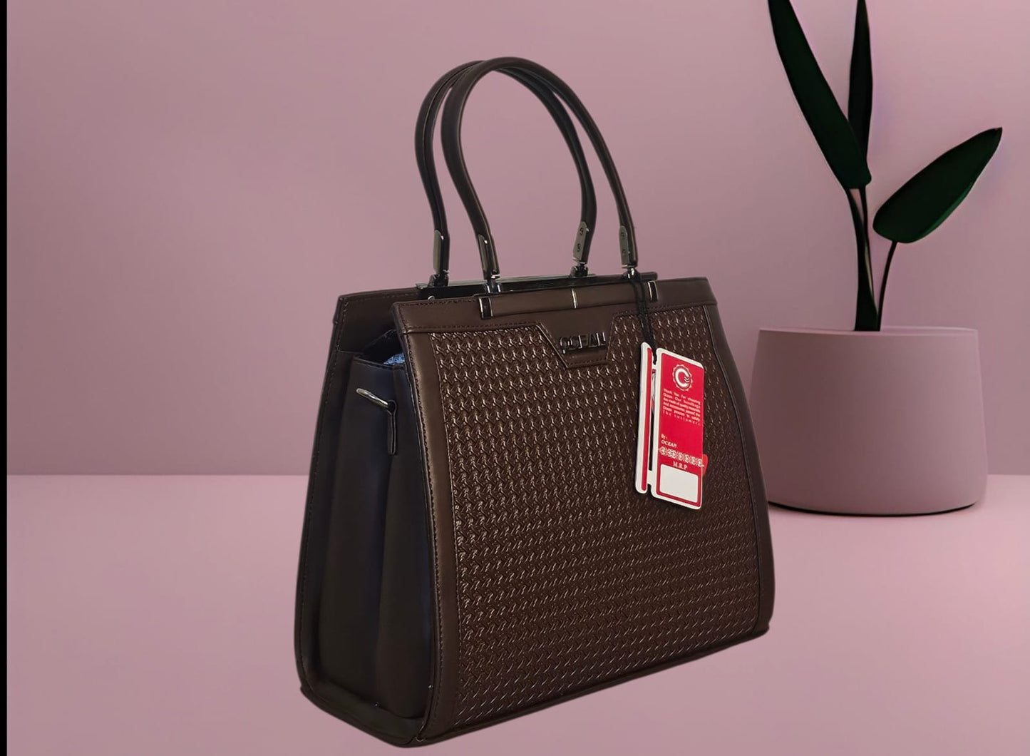 Elegant Chocolate Brown Handbag with Textured Finish & Twin Top Handles