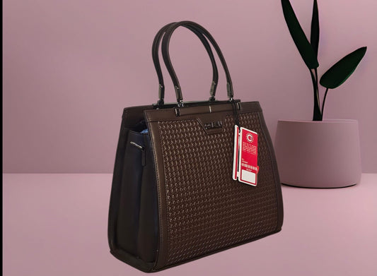 Elegant Chocolate Brown Handbag with Textured Finish & Twin Top Handles