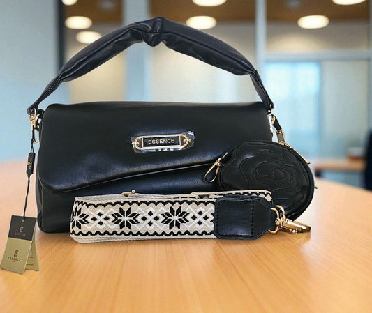 Sunbeam Chic – Black Sling Bag with Embroidered Strap &amp; Mini Pouc
