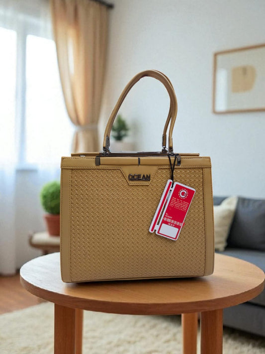 Elegant Mustard Handbag with Textured Finish & Twin Top Handles
